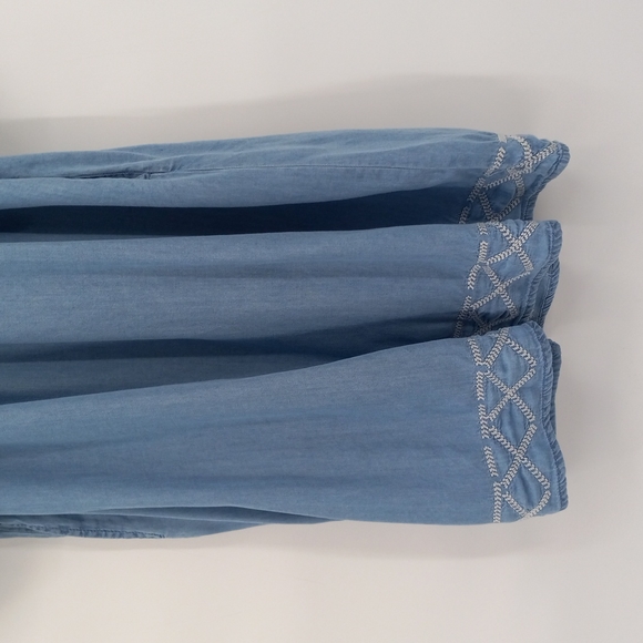 Chambray Ombre Tiered Sleeves Dress Off Shoulder Embroidered Hem by C Est. 1946 - Picture 3 of 10